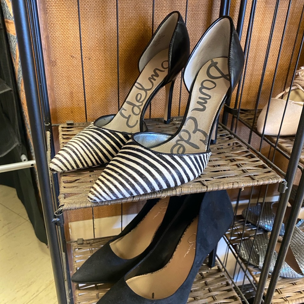 Sam Edelman Black and White Striped Pointed Toe Pumps